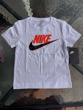 Nike White Short-Sleeve Tee with Red Logo and Black Swoosh